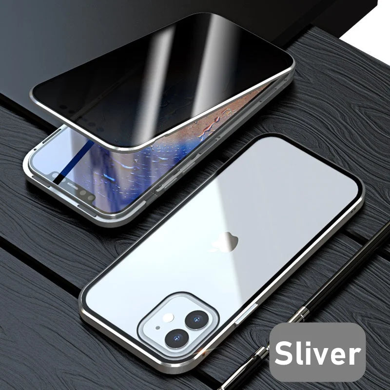 Magnetic Tempered Glass Metal Privacy Case for Iphone 11 12 13 14 15 16 Pro Max Anti-Spy 360 Protective Cover for Iphone XR XS