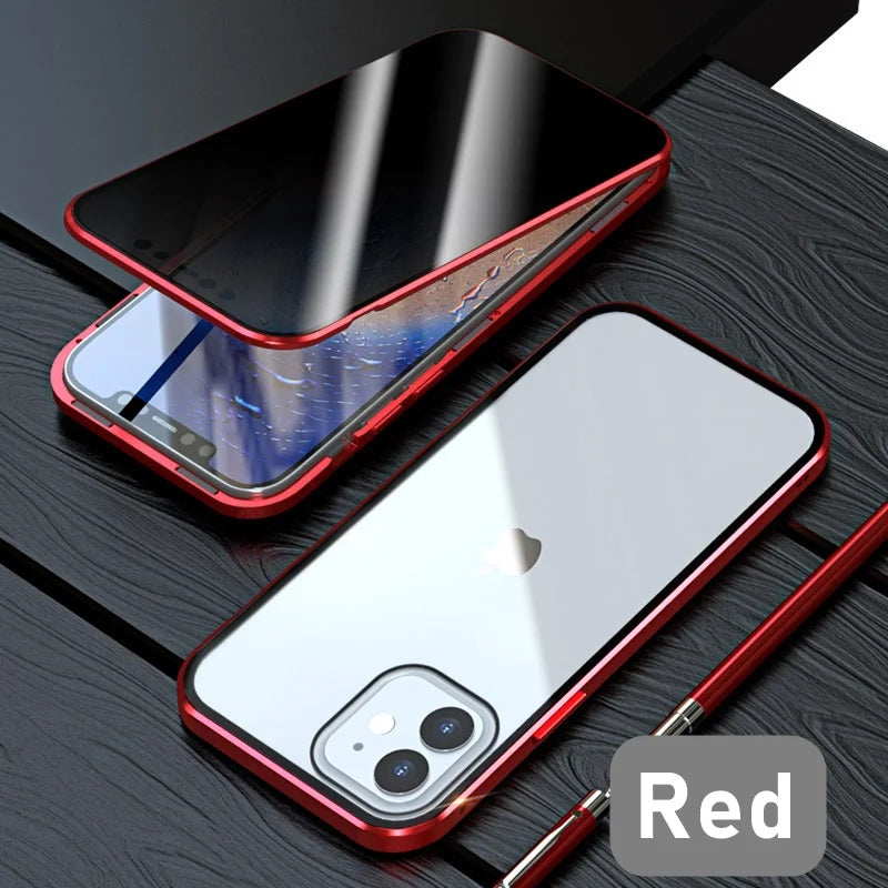 Magnetic Tempered Glass Metal Privacy Case for Iphone 11 12 13 14 15 16 Pro Max Anti-Spy 360 Protective Cover for Iphone XR XS