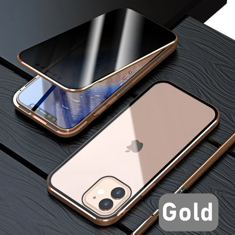 Magnetic Tempered Glass Metal Privacy Case for Iphone 11 12 13 14 15 16 Pro Max Anti-Spy 360 Protective Cover for Iphone XR XS