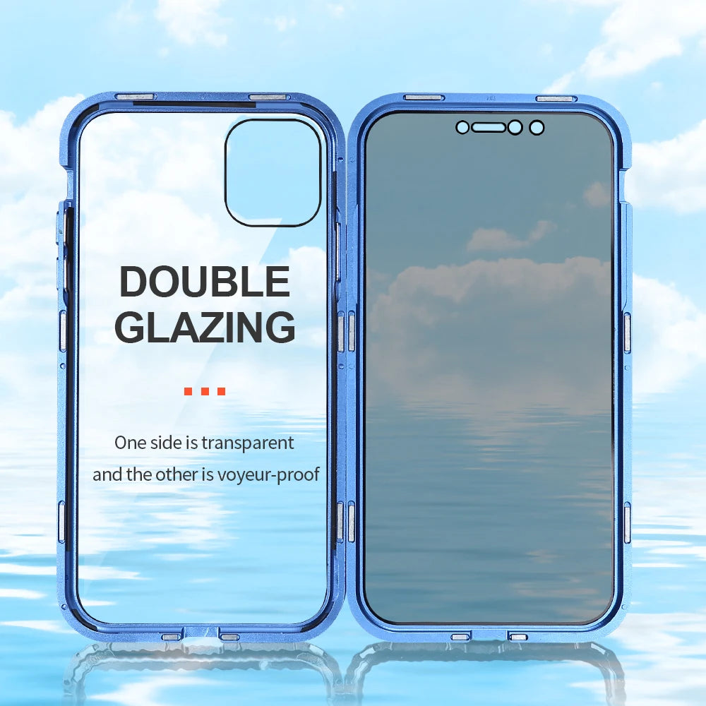 Magnetic Tempered Glass Metal Privacy Case for Iphone 11 12 13 14 15 16 Pro Max Anti-Spy 360 Protective Cover for Iphone XR XS