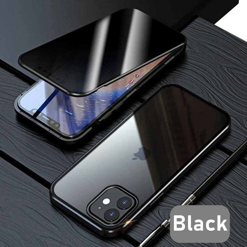Magnetic Tempered Glass Metal Privacy Case for Iphone 11 12 13 14 15 16 Pro Max Anti-Spy 360 Protective Cover for Iphone XR XS
