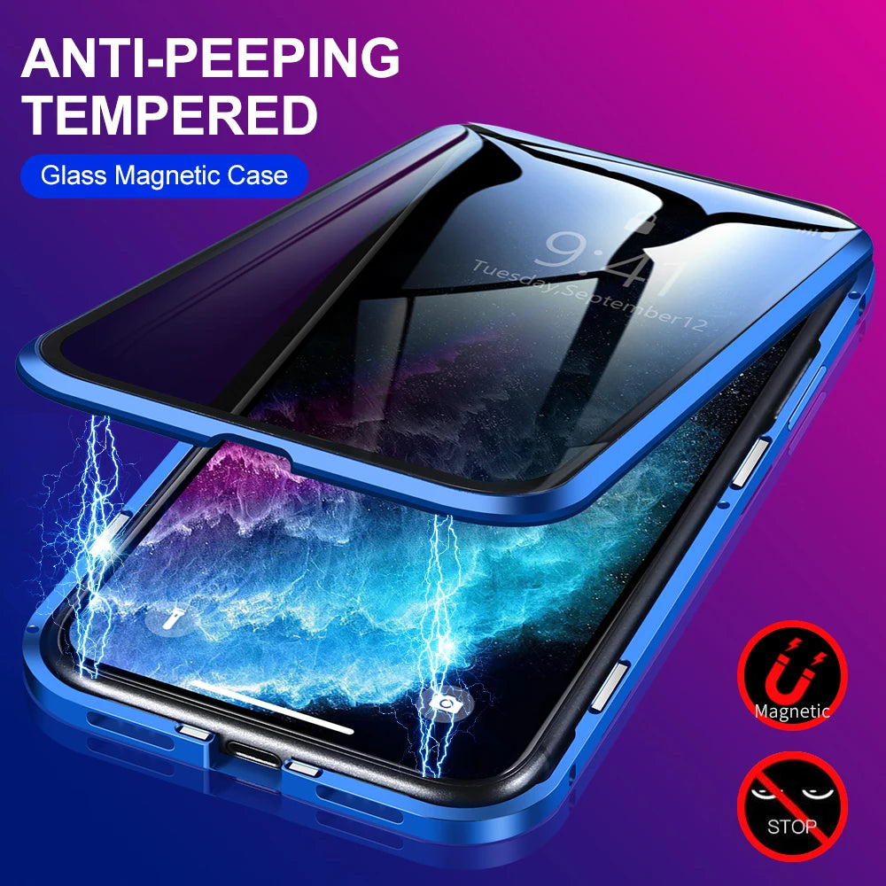 Magnetic Tempered Glass Metal Privacy Case for Iphone 11 12 13 14 15 16 Pro Max Anti-Spy 360 Protective Cover for Iphone XR XS