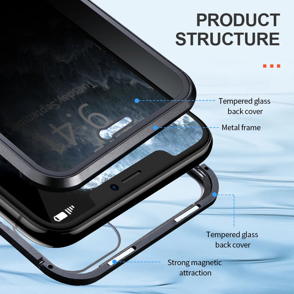 Magnetic Tempered Glass Metal Privacy Case for Iphone 11 12 13 14 15 16 Pro Max Anti-Spy 360 Protective Cover for Iphone XR XS